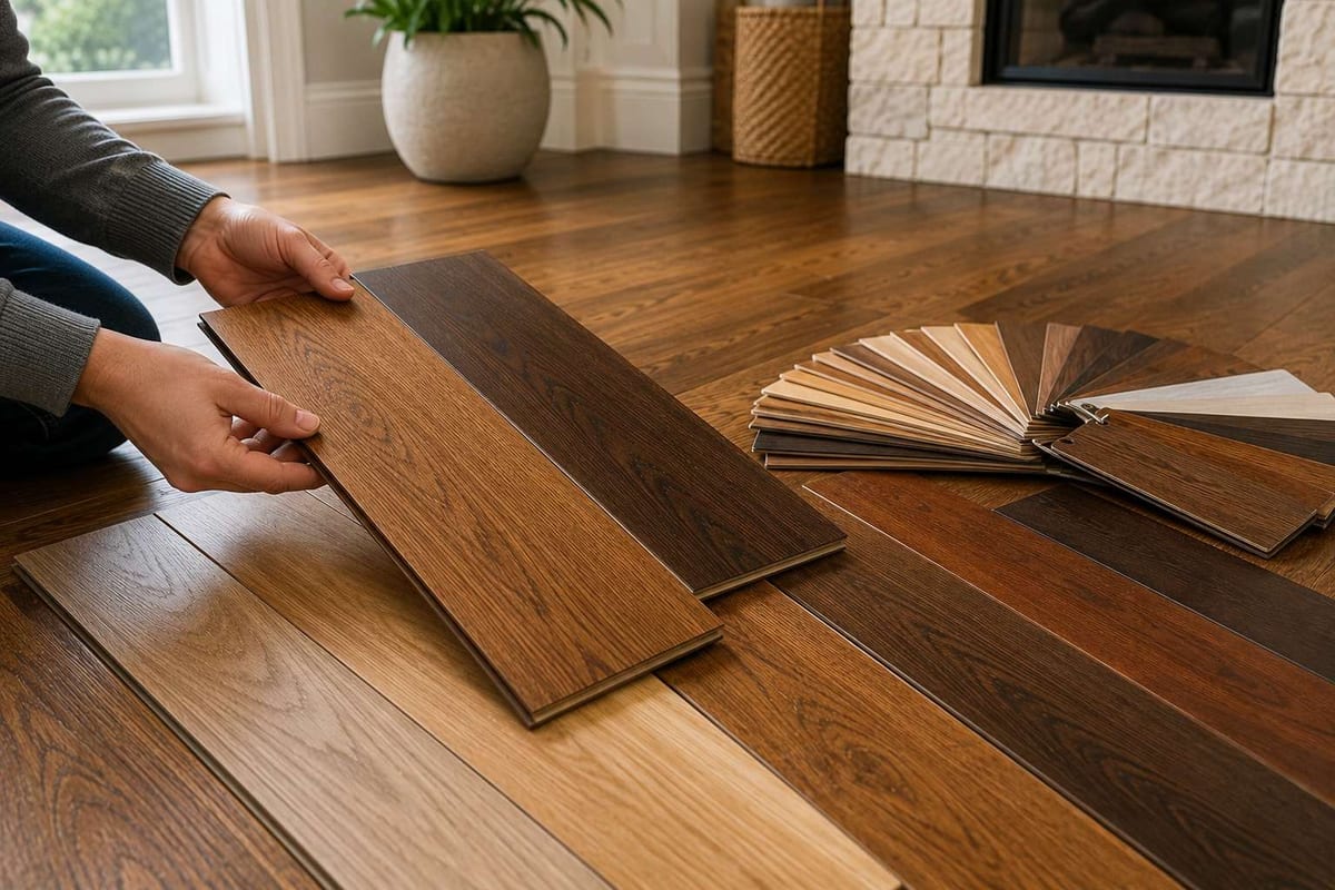 Hands holding a dark stained wood plank above a fan of lighter wood flooring samples on the floor.