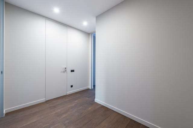 An empty white room with a dark wood plank floor and flush white doors.