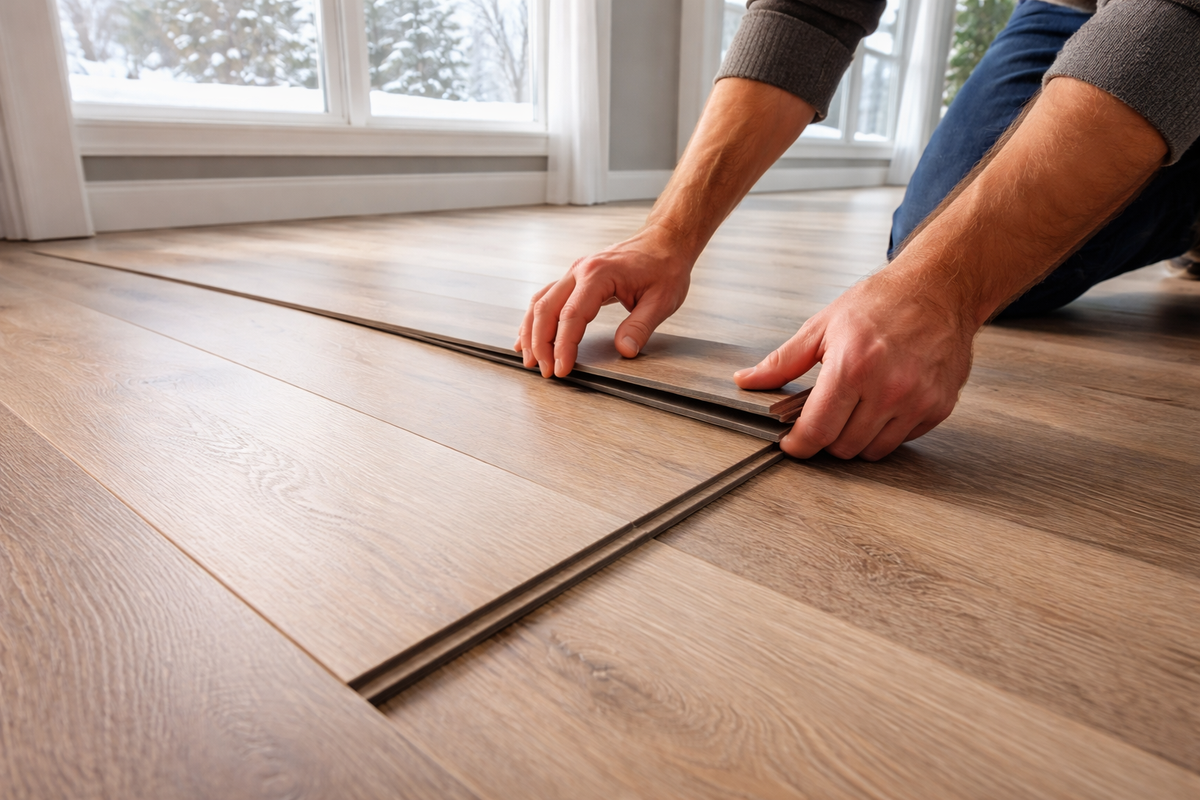 Hands clicking a wood-look plank into place during a floor installation.