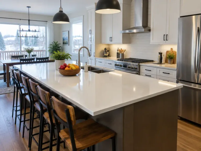 A family kitchen with a large island topped in white quartz, with stools and a fruit bowl.