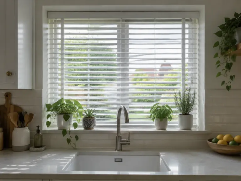 A kitchen window over the sink fitted with white faux wood blinds, with plants on the sill.