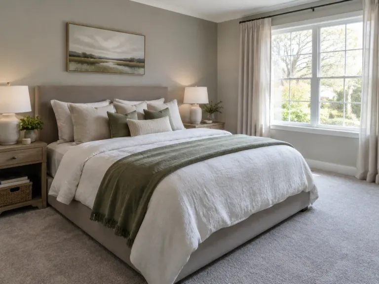A cozy bedroom with soft light grey wall-to-wall carpet and an upholstered bed.