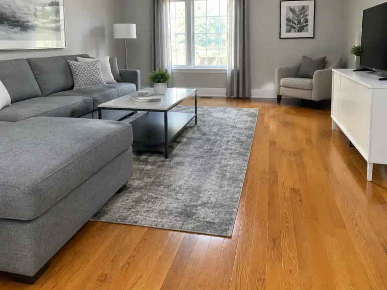 An orange-toned honey oak hardwood floor in a room with modern grey and white decor.