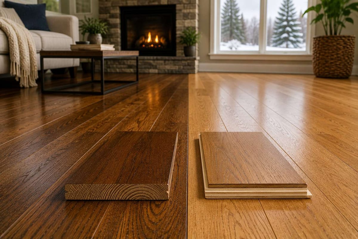 Two hardwood plank samples resting on a glossy dark brown hardwood floor in front of a lit fireplace.