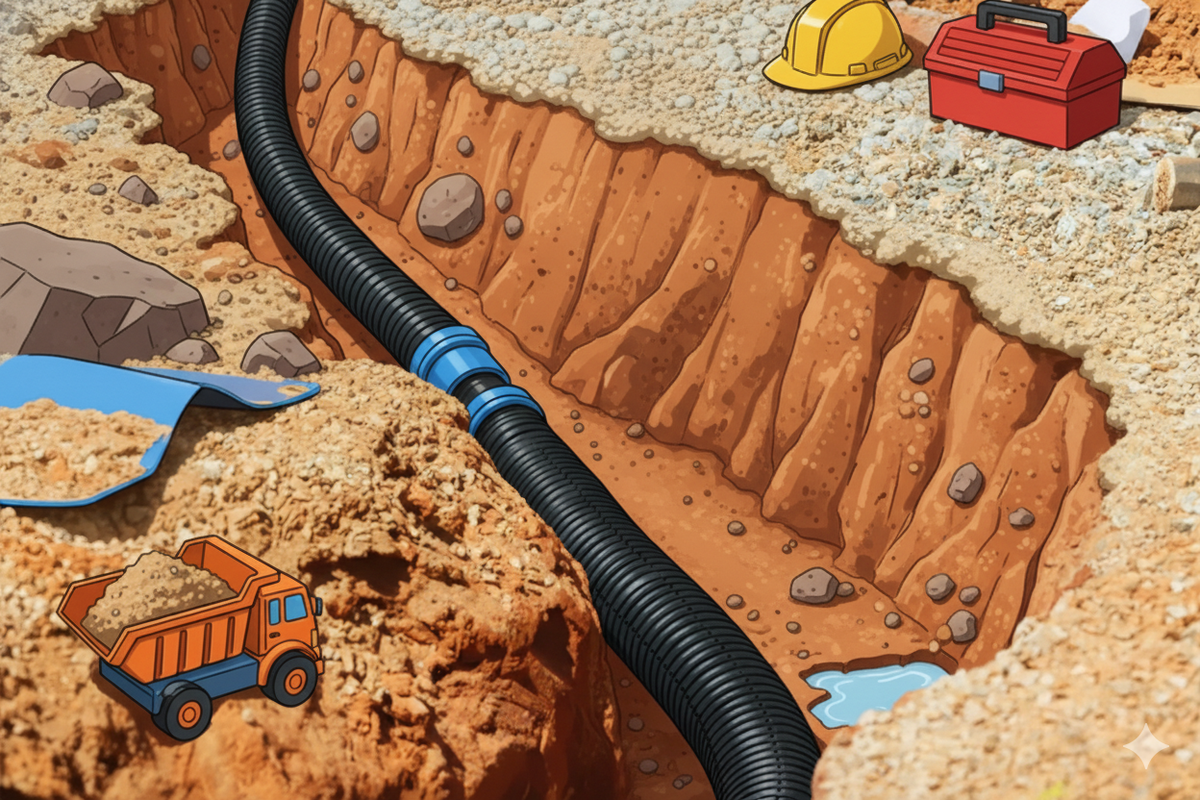 An illustration of a corrugated drainage pipe laid in an open trench beside a foundation.