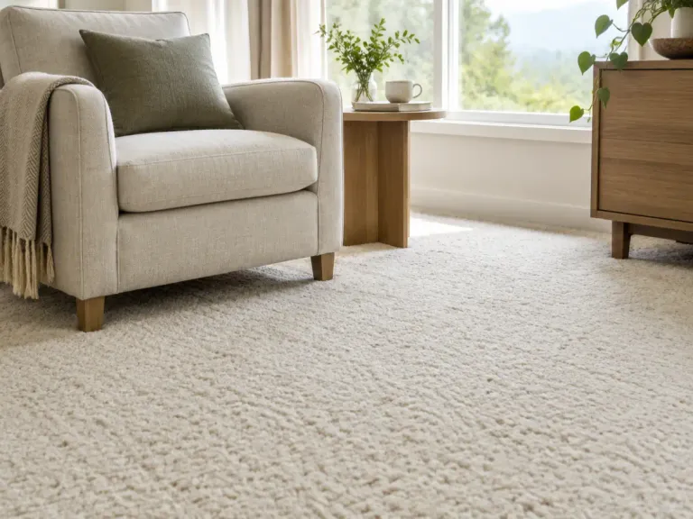 Thick cream wool carpet with a natural texture in a calm living room with a linen armchair.