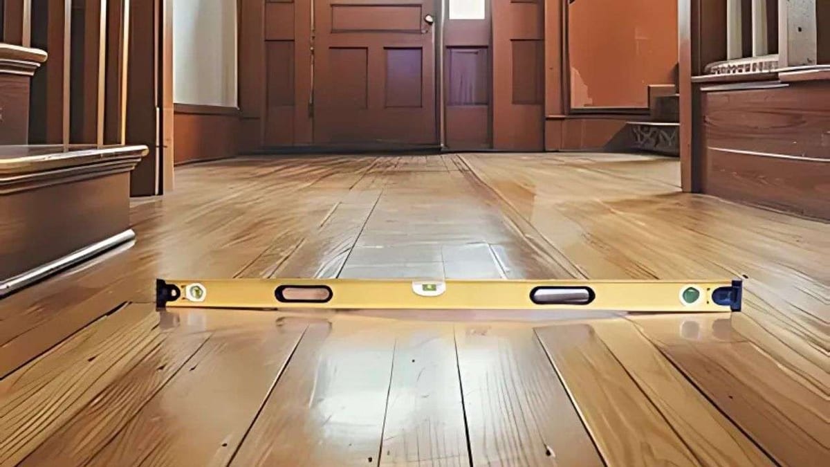 A spirit level lying across a warped, uneven hardwood floor in a hallway.