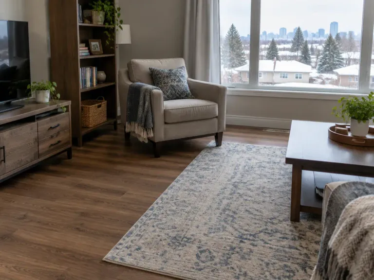 A family room with medium-brown wood-look laminate plank flooring, an armchair and a rug.
