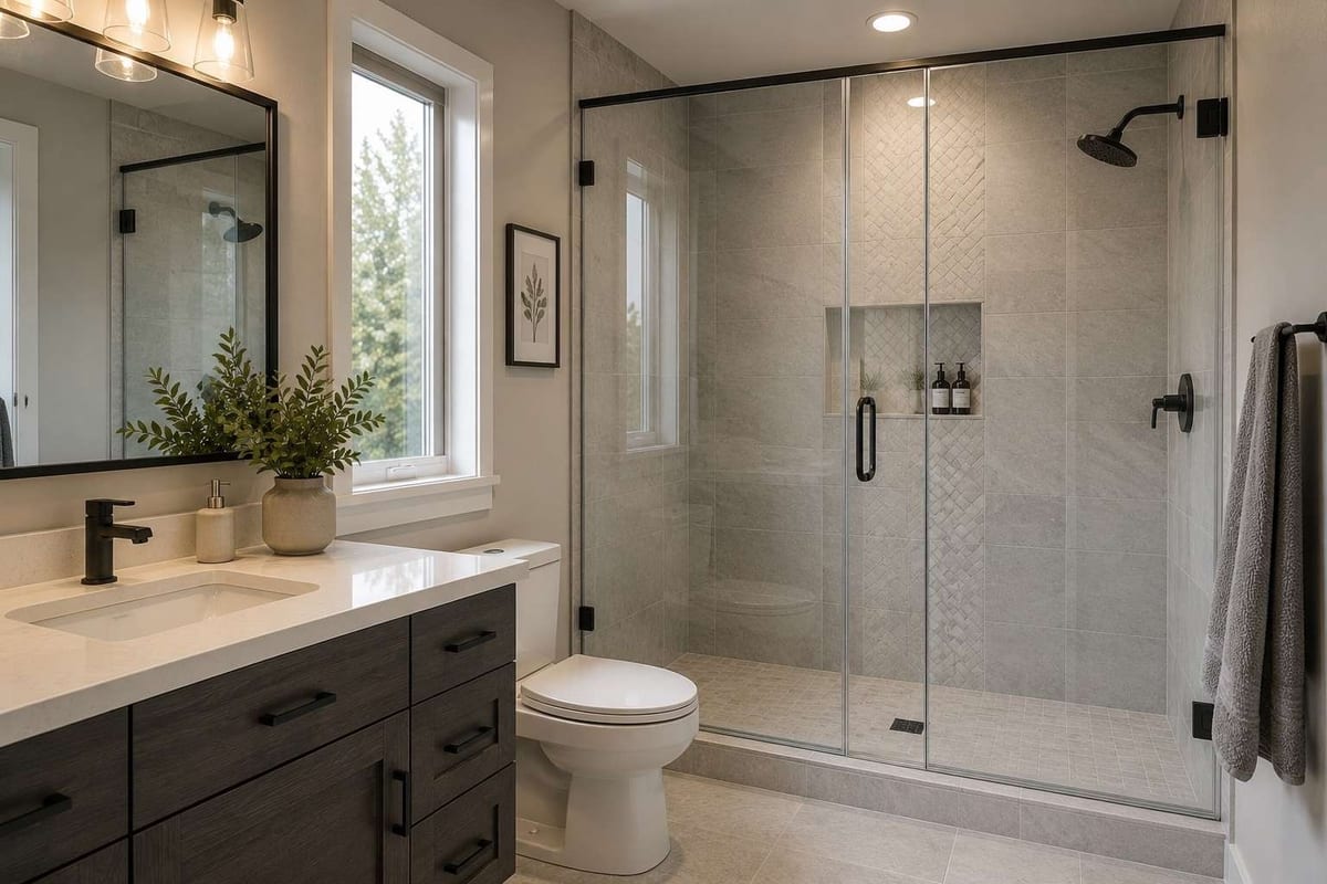 A frameless glass shower enclosure with black hardware in a bathroom with a dark wood vanity and tile flooring.
