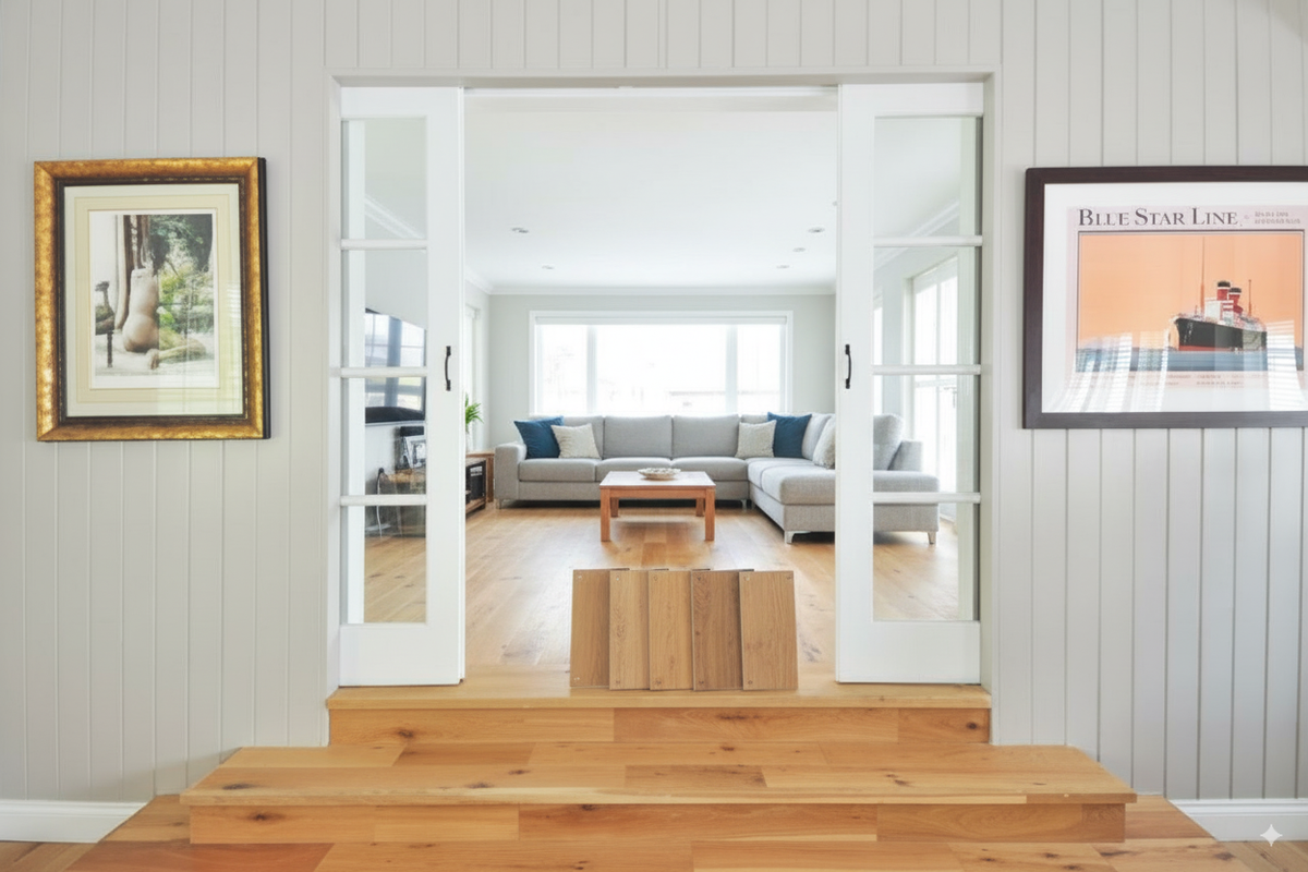 A raised entry step in light wood flooring leading through glass French doors into a living room.