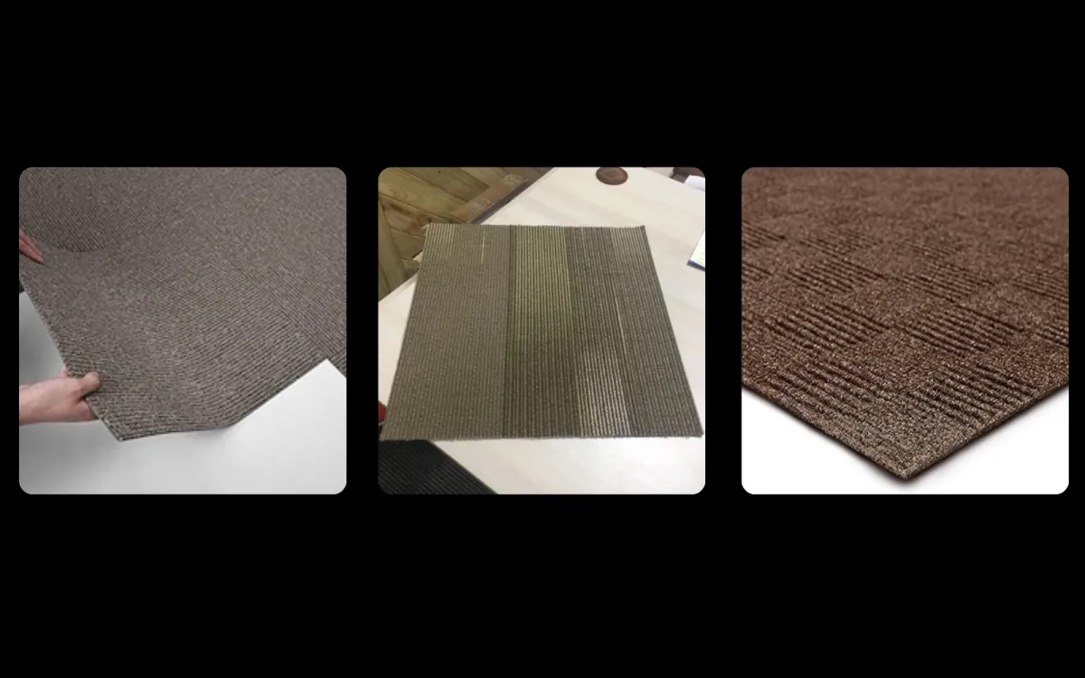 Three views of a brown carpet tile: being lifted, laid on a floor, and close up.