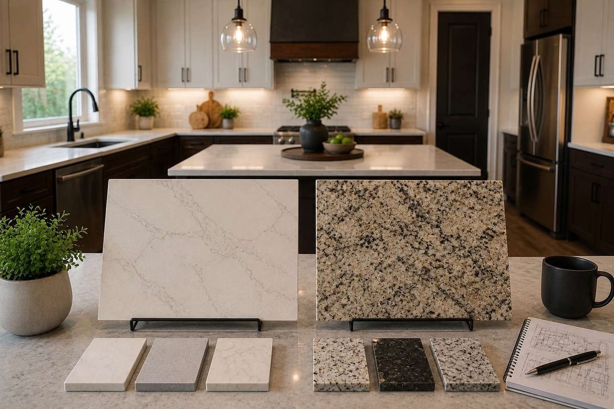 A white quartz slab sample and a speckled granite slab sample standing side by side on a kitchen island.
