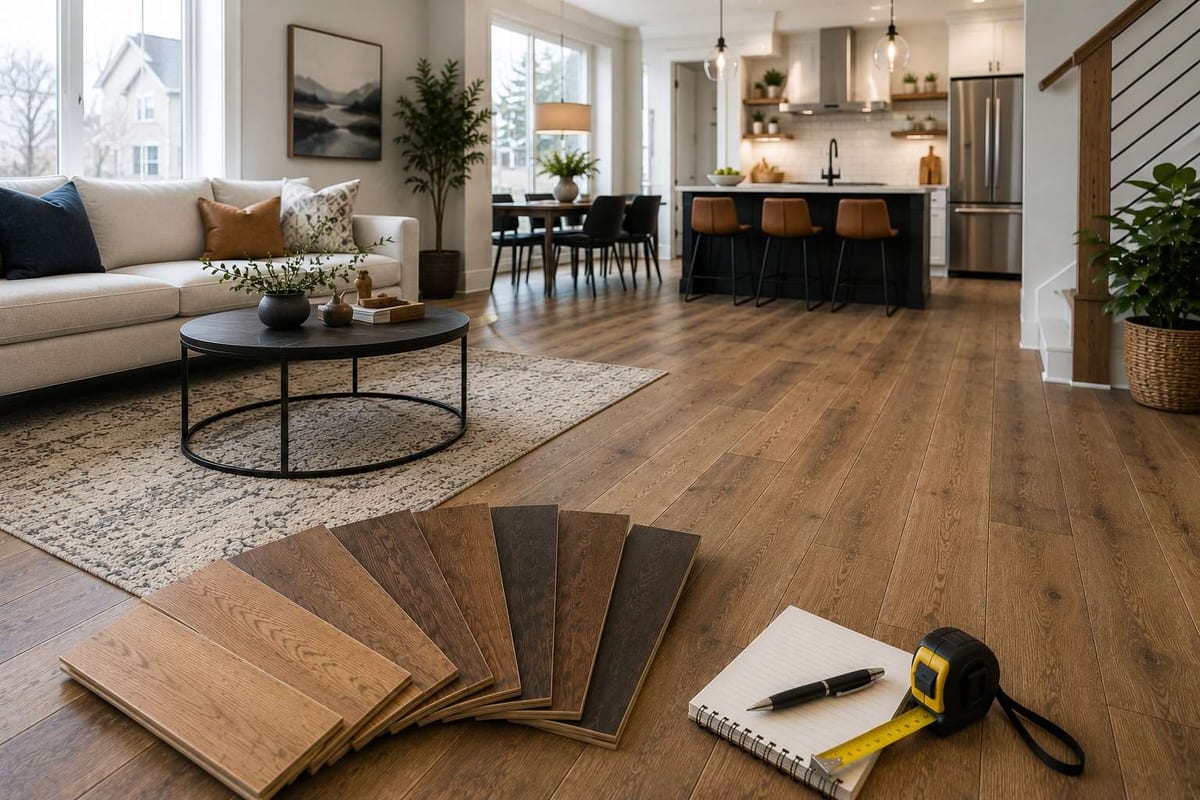 Wood-look plank samples in light to dark finishes spread on a hardwood floor beside a notepad, pen and tape measure.