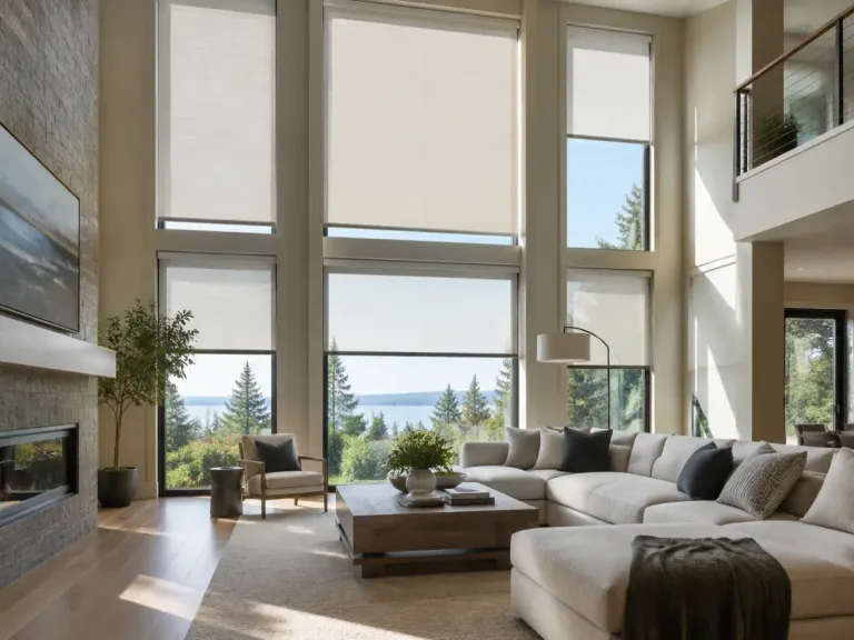 A two-storey living room with very tall windows fitted with roller shades at different heights.