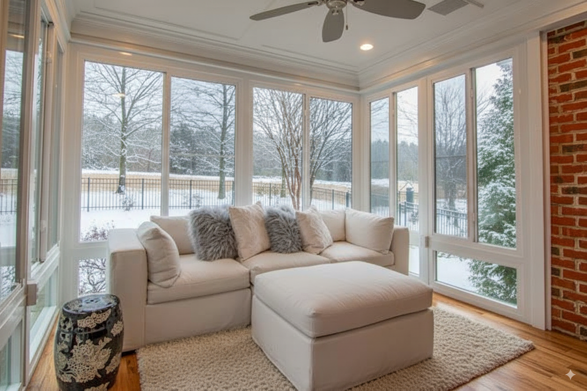 A sunroom with tall windows, a white sectional sofa and a medium hardwood floor under a shag rug.