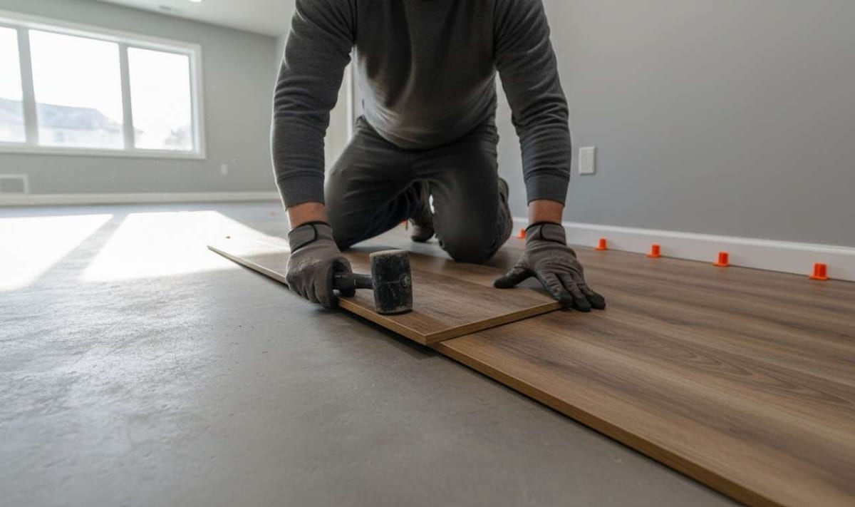 An installer kneeling to tap wood-look planks together over a concrete subfloor.