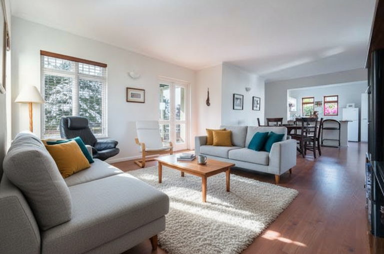A sunny living room with a medium hardwood floor, a shag rug, grey sofas and a dining area beyond.