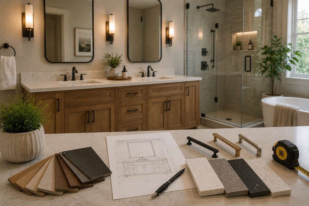 Wood and stone vanity samples with a cabinet drawing, handles and tape measure on a bathroom counter in front of a double vanity.