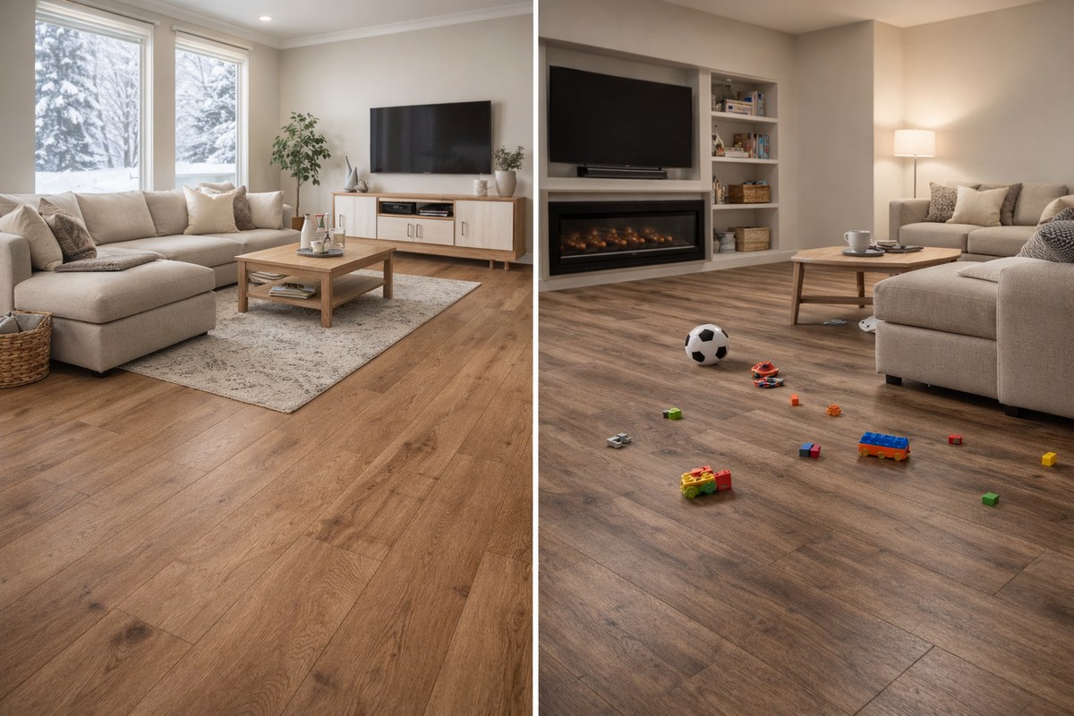 Two views of a basement living room with warm wood-look plank flooring, one tidy and one with toys scattered on the floor.