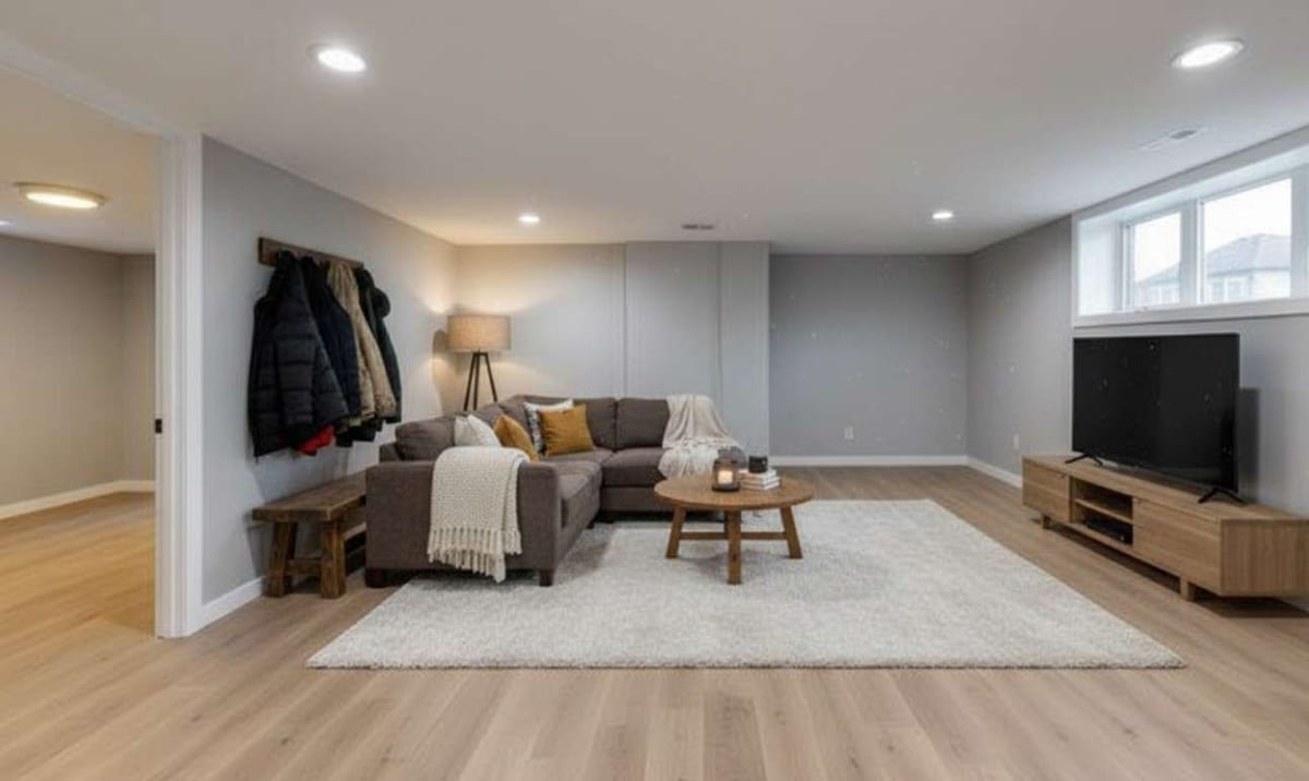 A finished basement living room with pale wood-look flooring, a grey sectional, a large rug and a TV console.