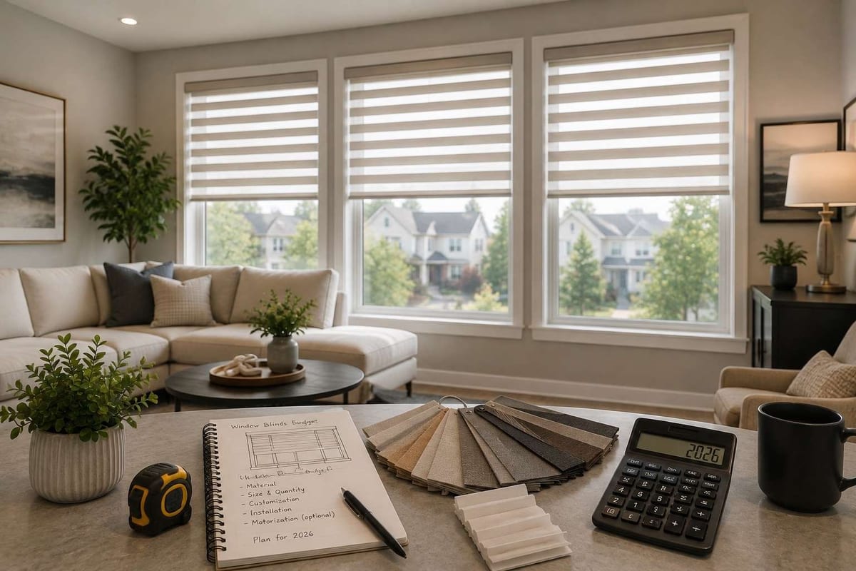 Zebra blinds on three living room windows, with blind samples, a notebook, tape measure and calculator on the table.