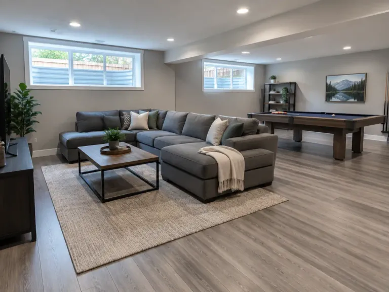A finished basement rec room with grey oak-look laminate flooring, a sectional sofa and a games table.