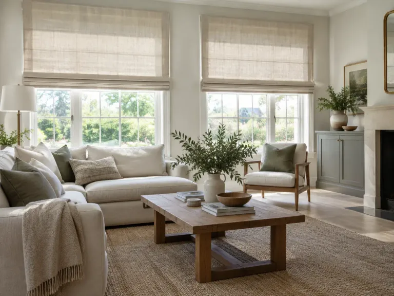 A living room with light linen Roman blinds on large windows above a sofa.