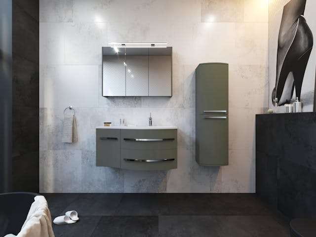 A modern bathroom with grey wall-hung cabinets and large-format stone-look tile.