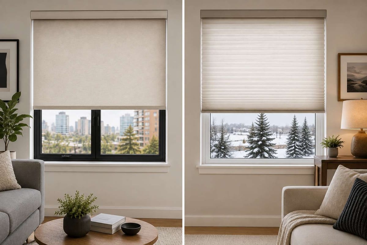 Side-by-side windows showing a beige roller blind on the left and a pleated cellular shade on the right in two living rooms.