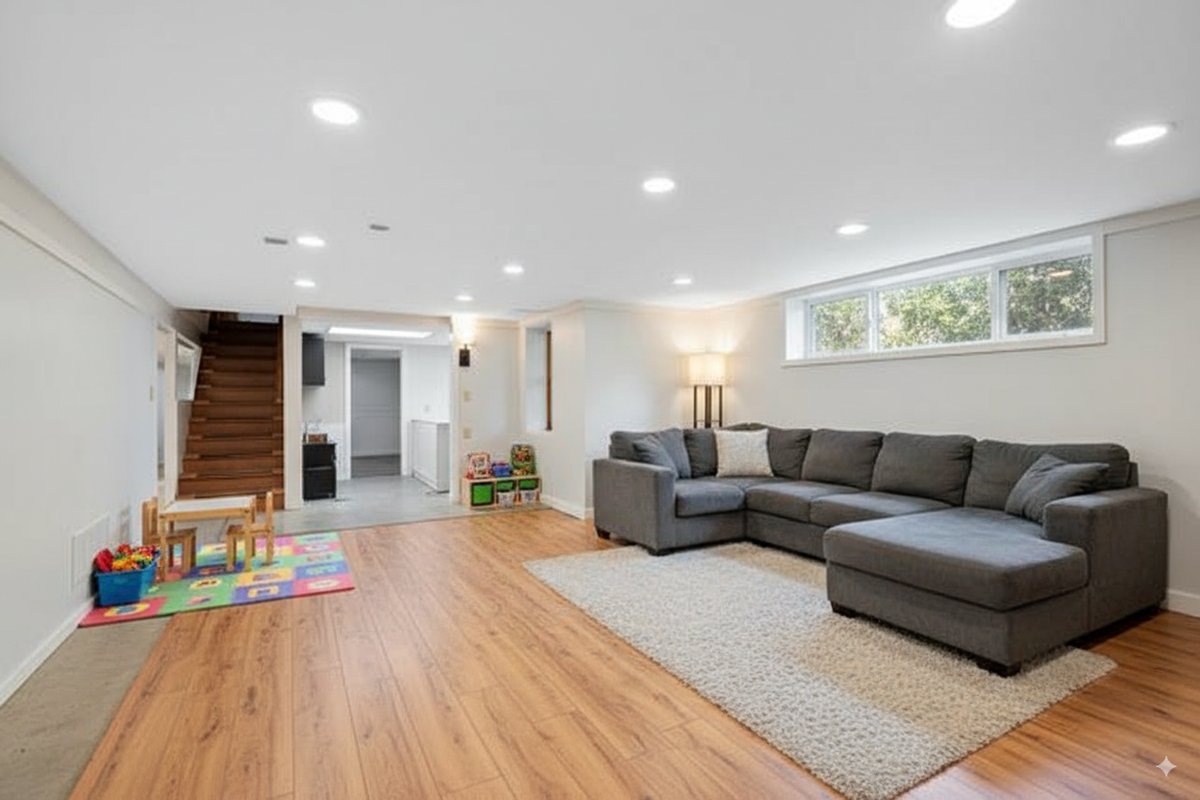 A finished basement with warm wood-look flooring, a grey sectional, a rug and a stair to the main floor.