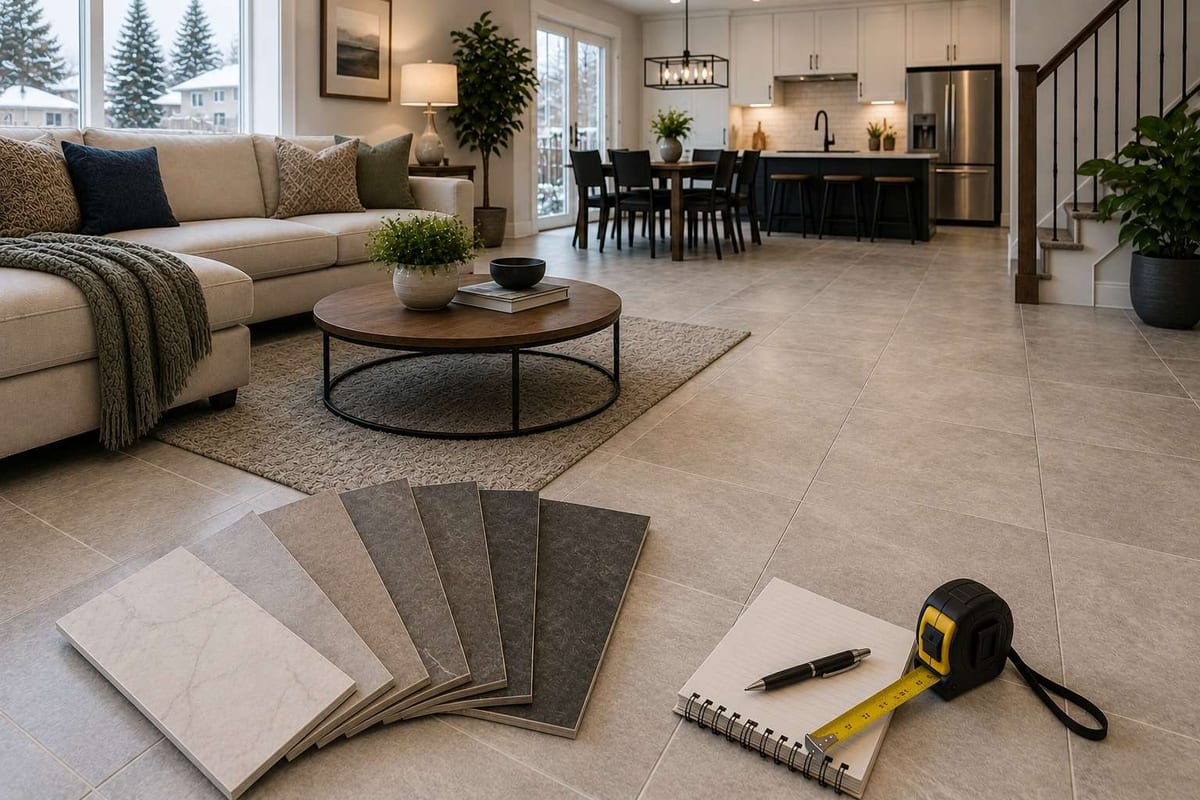 Beige and grey tile samples laid on a large-format tile floor in a furnished open-plan living room.
