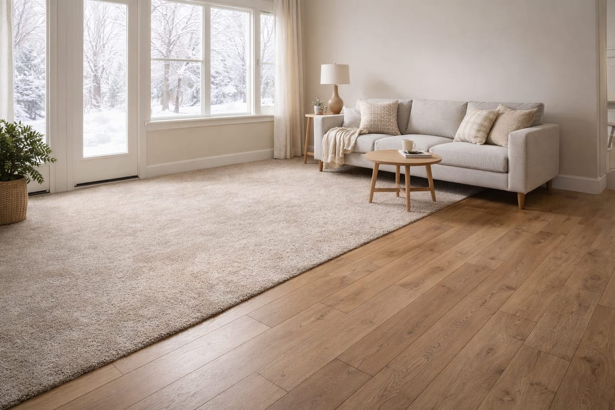 A bright living room with a large cream carpet over a light oak floor, a grey sofa and a round coffee table.