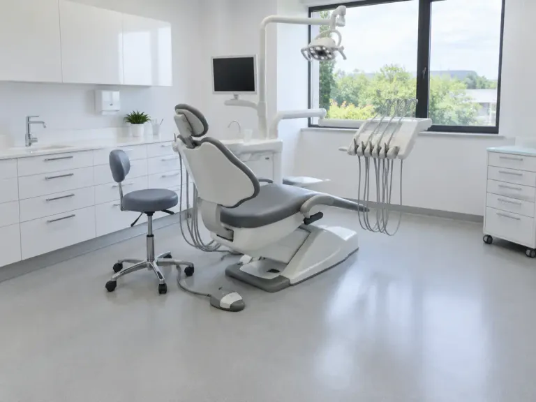 An empty dental treatment room with seamless light grey sheet vinyl flooring.