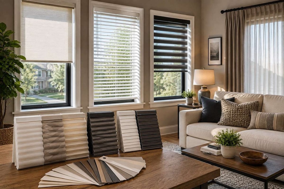 Blind samples in white, charcoal and beige fanned on a coffee table in front of windows dressed with roller and zebra blinds.