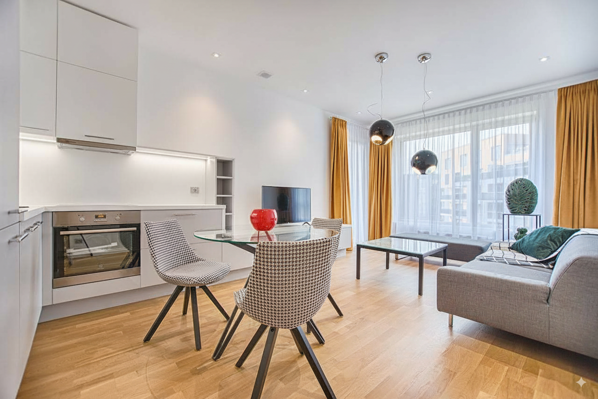 An open-plan kitchen and living room with light oak-look flooring, a glass dining table and a grey sofa.