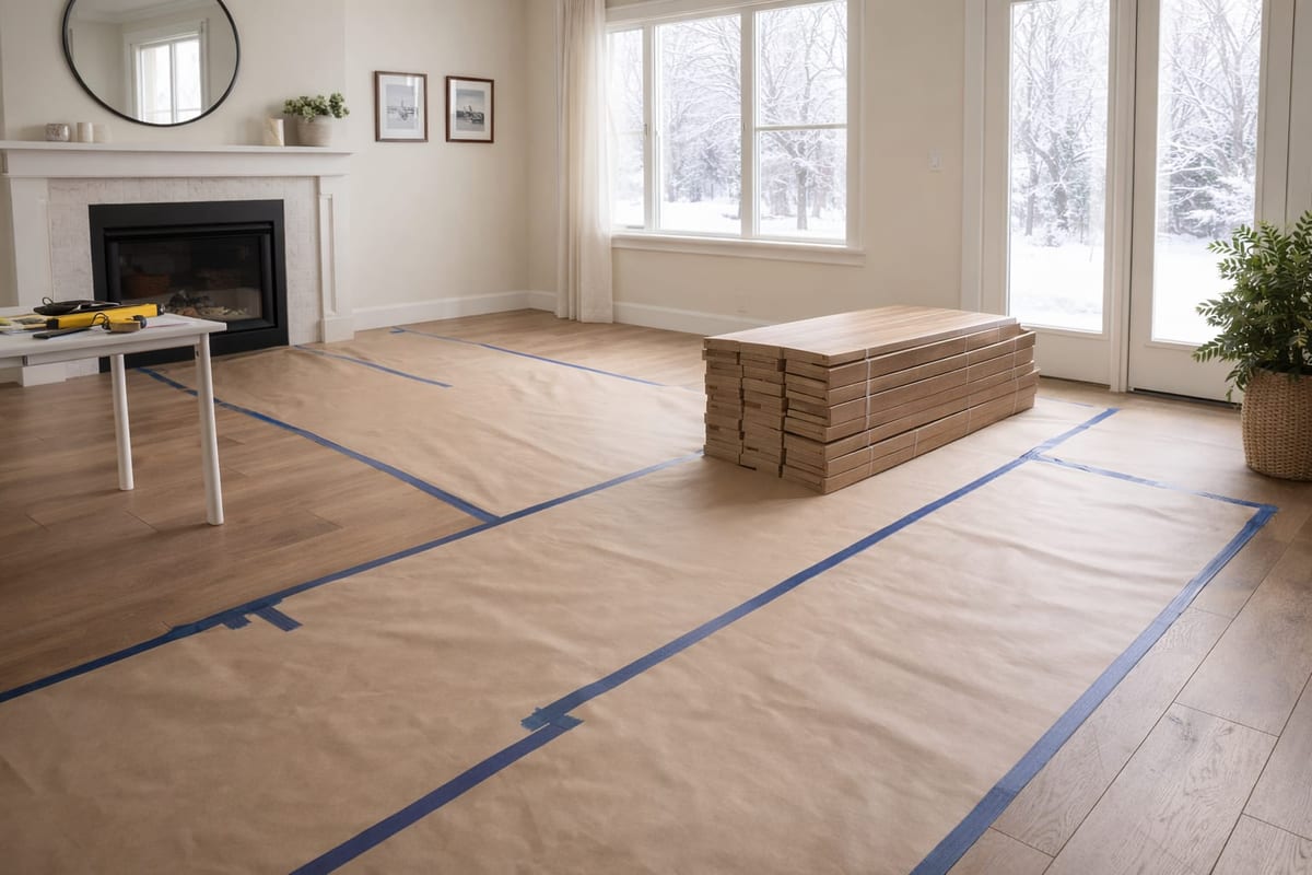 A living room floor covered in taped protective paper, with boxes of flooring stacked by the window.
