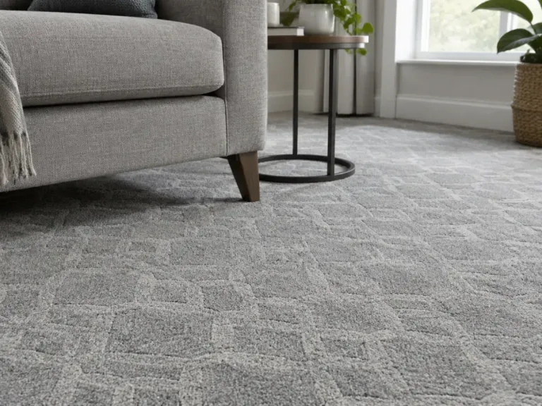 Grey patterned carpet where higher cut fibres and lower loops form a subtle geometric design in a living room.
