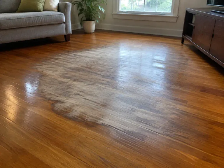 A living room hardwood floor with sun-faded patches and an uneven sheen where a rug used to lie.