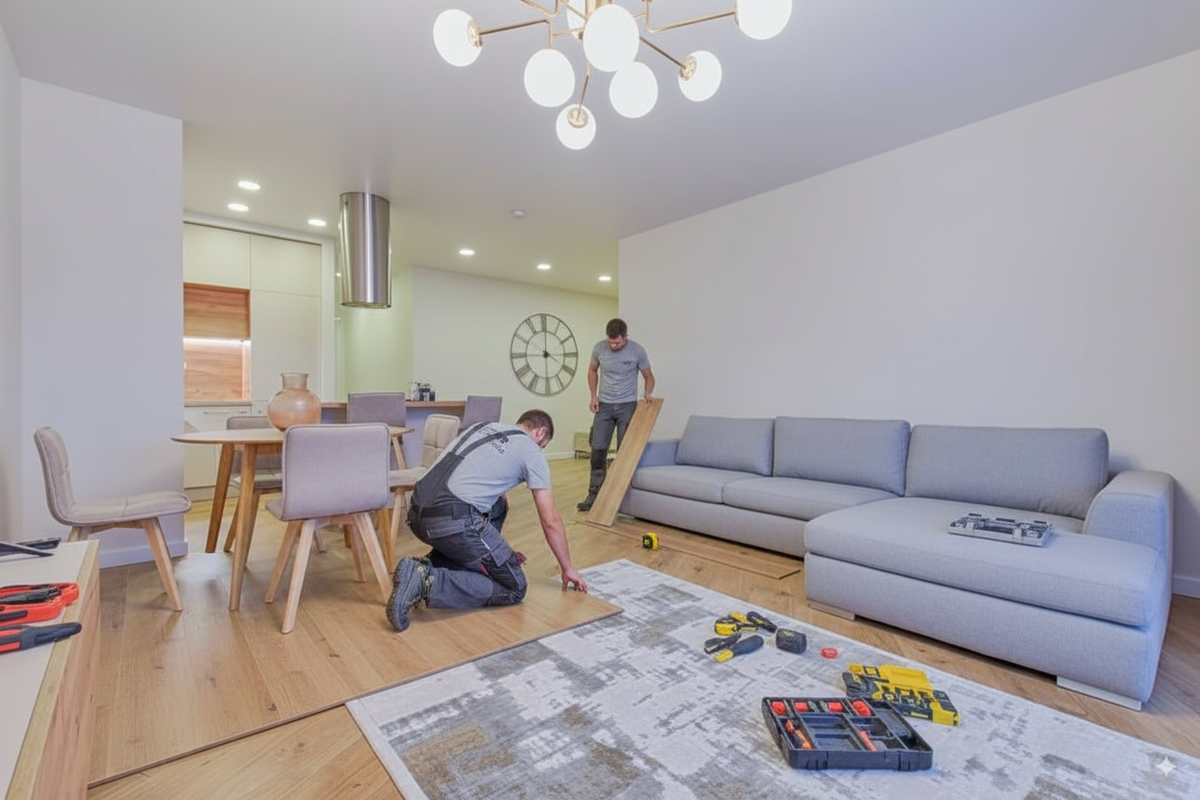 Two installers laying light wood-look plank flooring in an open living and dining room.