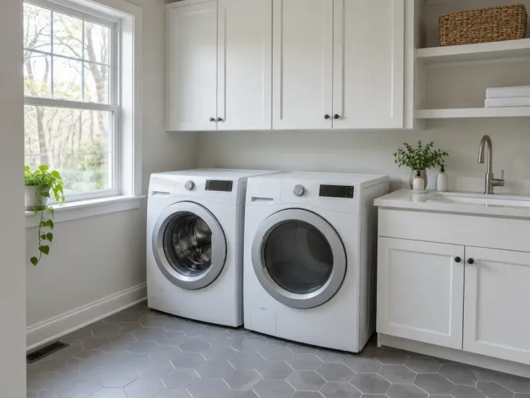 A laundry room with grey hexagon ceramic floor tile, a washer and dryer and white cabinets above.