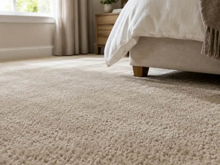 Close-up of soft beige cut-pile carpet in a bedroom, with the upright fibre tips giving a smooth, velvety surface.