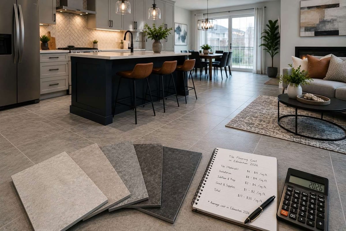 Tile samples beside a notebook of handwritten cost figures and a calculator on a tile floor in an open kitchen.