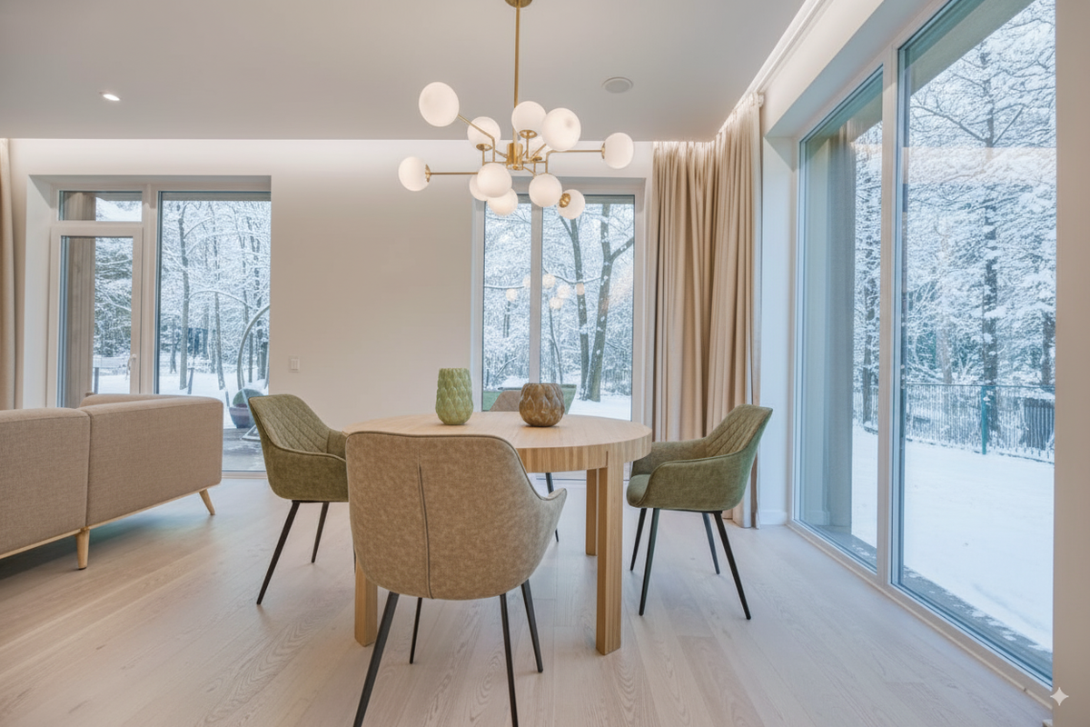 A dining room with a round wooden table, green chairs and a pale wood floor beside snowy windows.