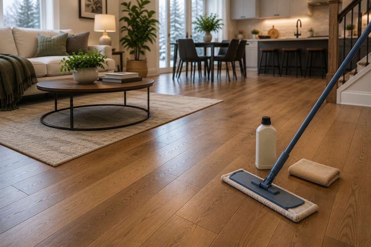 A flat mop and a bottle of cleaner resting on a warm brown hardwood floor in a living room.