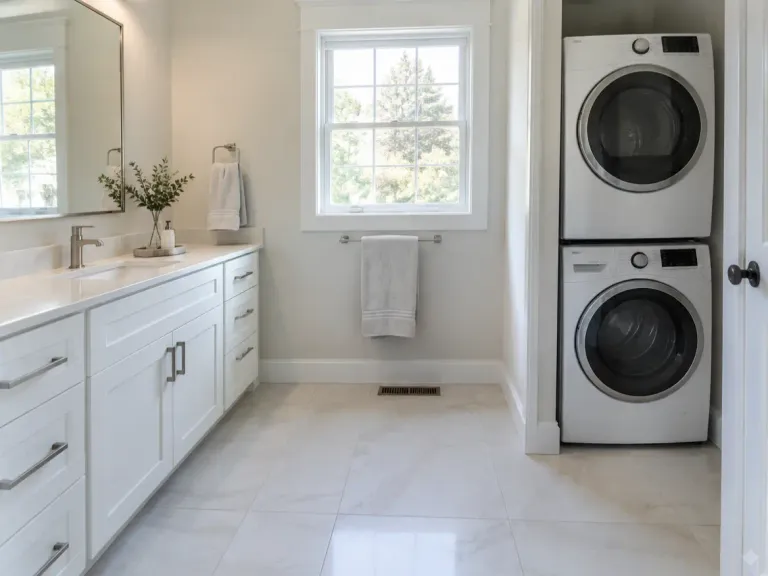 A bright bathroom with a white vanity, light porcelain floor tile and a stacked washer and dryer in an alcove.