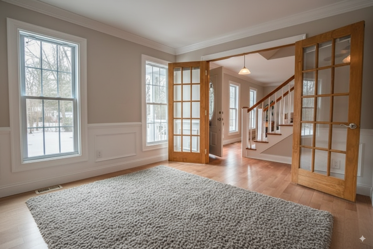 A living room with a light hardwood floor, a grey shag rug and glazed French doors.