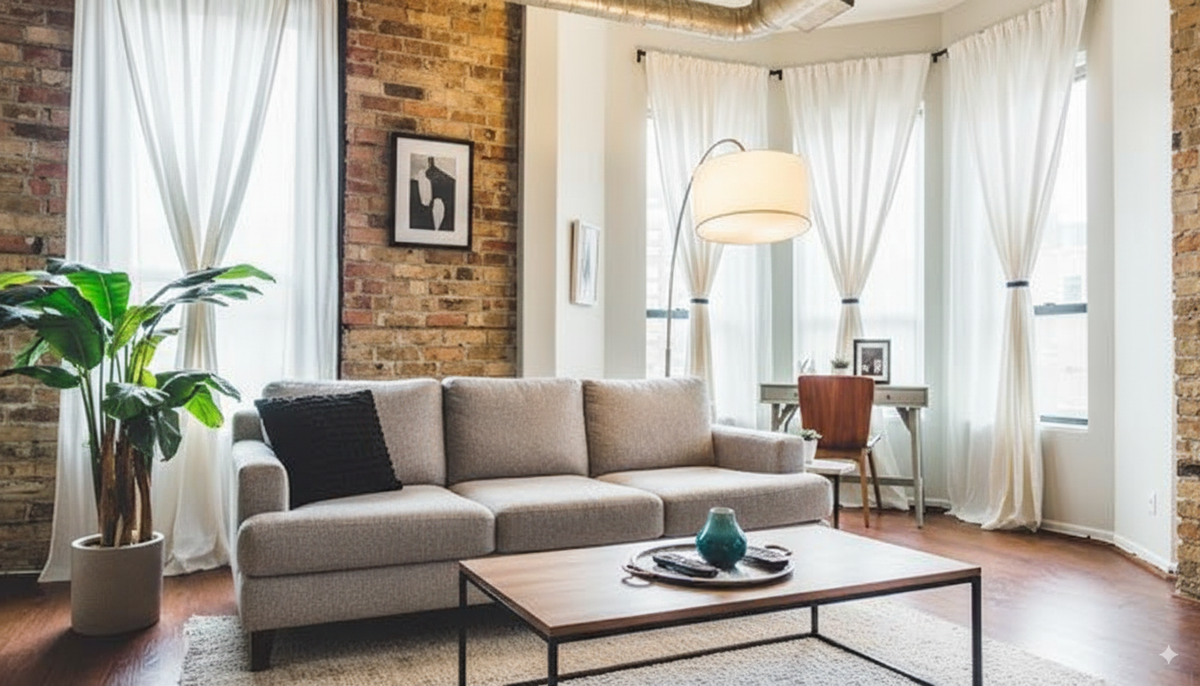 A living room with a medium wood floor, a grey sofa and a brick wall beside sheer-curtained windows.