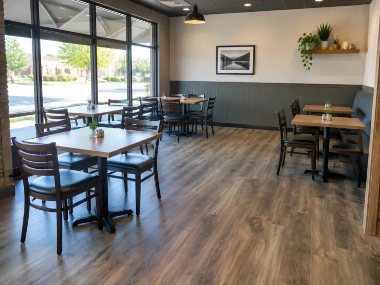 An empty restaurant dining room with wood-look commercial vinyl plank flooring, tables and chairs.