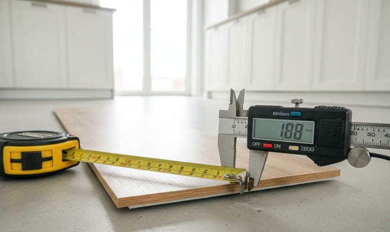 A digital caliper and tape measure checking the thickness of a wood-look flooring plank.