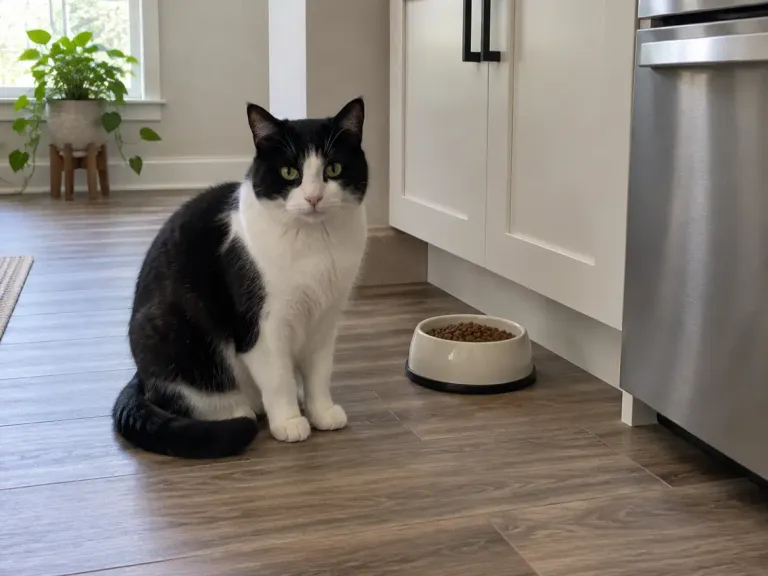 A black and white cat sitting on a wood-look vinyl plank kitchen floor beside a food bowl.